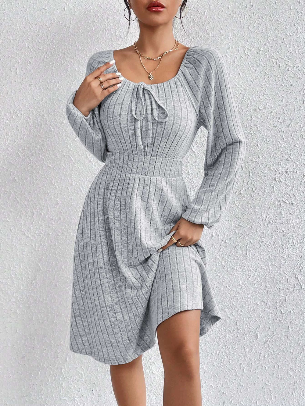 ZARA Spring Summer Square Neck Fitted Waist Full Skirt Ribbed Long Sleeve Dress